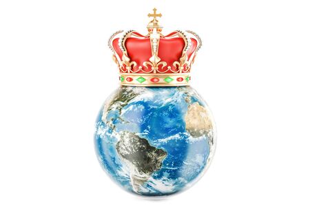 Earth Globe with golden crown, 3D rendering isolated on white backgroundの写真素材