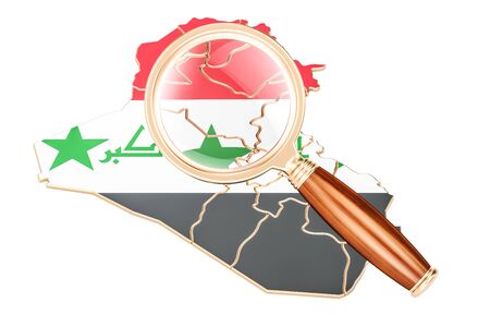 Iraq under magnifying glass, analysis concept, 3D rendering isolated on white backgroundの写真素材
