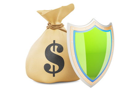Money bag with shield. Financial insurance concept, 3D rendering isolated on white backgroundの写真素材