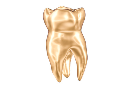 Golden Tooth concept, 3D rendering isolated on white backgroundの写真素材