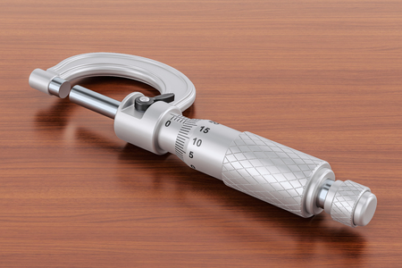 Micrometer on the wooden table. 3D rendering 