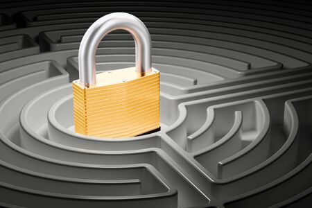 Padlock inside labyrinth maze. 3D renderingの写真素材