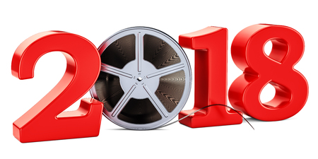 2018 cinema concept, 3D rendering isolated on white backgroundの写真素材