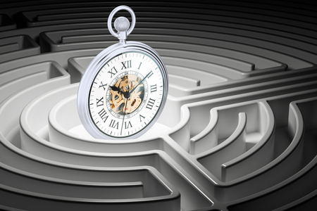 Pocket watch inside labyrinth maze, 3D rendering