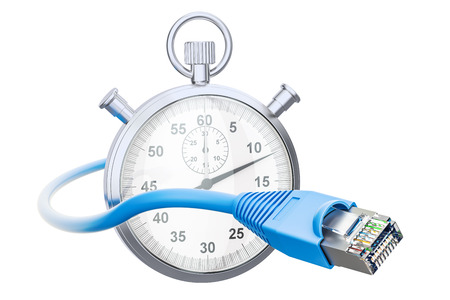 Lan cable with stopwatch, fast internet connection concept. 3D rendering