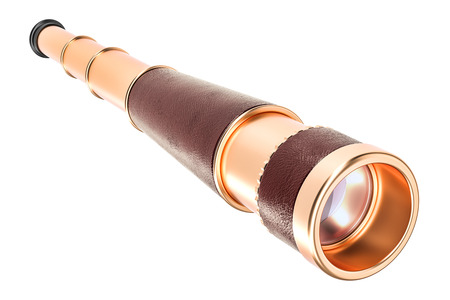 Brass Hand Held Telescope, Pirate Spyglass. 3D rendering isolated on white backgroundの写真素材