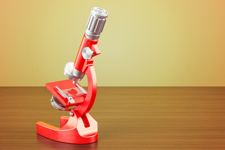 Microscope on the wooden table. 3D rendering