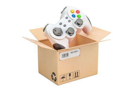 gamepad inside parcel, delivery concept. 3D rendering isolated on white background