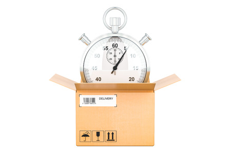 Fast delivery concept, stopwatch inside parcel, 3D rendering isolated on white backgroundの写真素材