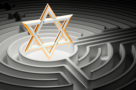 Star of David at the center of a maze, way to religion concept. 3D renderingの写真素材