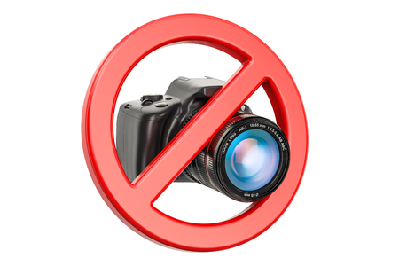 No photo concept. Forbidden sign with digital camera, 3D rendering isolated on white backgroundの写真素材