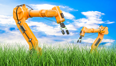 Robotic arms in green grass against blue sky, 3d rendering 
の写真素材