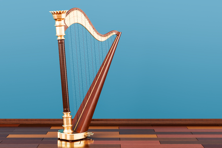 Harp on the wooden floor in the room, 3D rendering の写真素材