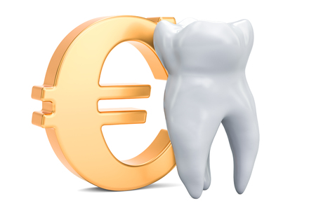 Cost of dental services concept, tooth with symbol of euro. 3D rendering isolated on white backgroundの写真素材