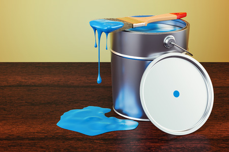 Can with blue paint and brush on the wooden table. 3D rendering の写真素材