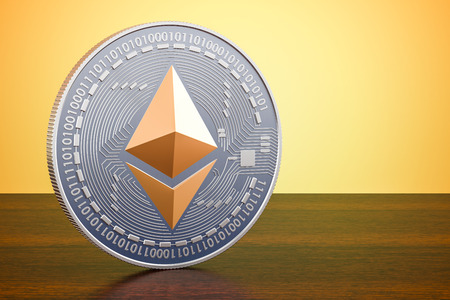 Ethereum coin on the wooden table. 3D rendering 