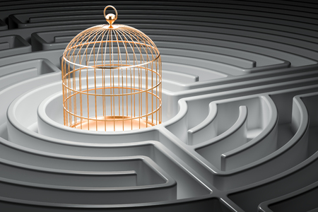Golden bird cage inside labyrinth maze. 3D renderingの写真素材