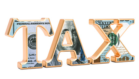 Tax inscription with USA dollar texture. 3D rendering isolated on white backgroundの写真素材