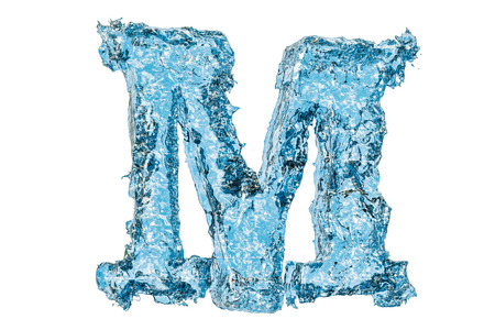 Water letter M, 3D rendering isolated on white backgroundの写真素材