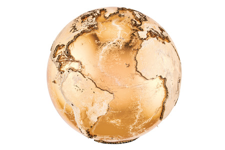 Golden Earth Globe, 3D rendering isolated on white backgroundの写真素材