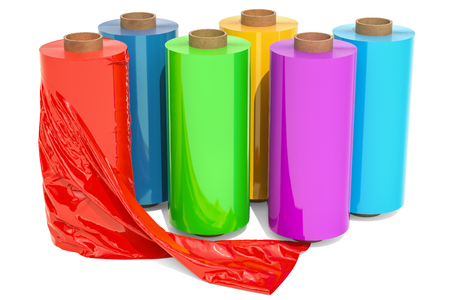 Roll of wrapping plastic stretch film, 3D rendering isolated on white backgroundの写真素材