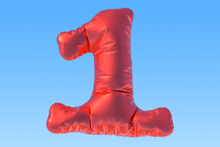 Number 1, red foil balloon in the sky. 3D renderingの写真素材