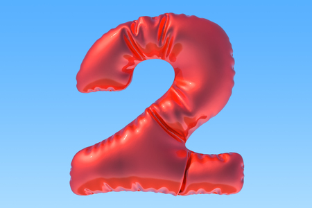 Number 2, red foil balloon in the sky. 3D renderingの写真素材