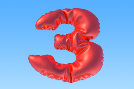 Number 3, red foil balloon in the sky. 3D renderingの写真素材