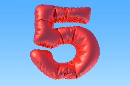 Number 5, red foil balloon in the sky. 3D renderingの写真素材