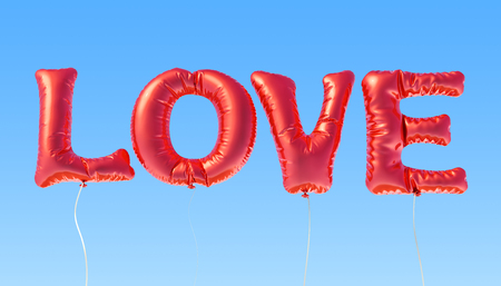 Text love from red foil balloons on the blue sky, 3D renderingの写真素材