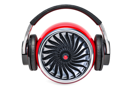 Power music concept, turbine with headphones. 3D rendering 