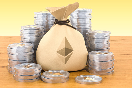 Sack with ethereum symbol and  coins around on the wooden table, 3D rendering