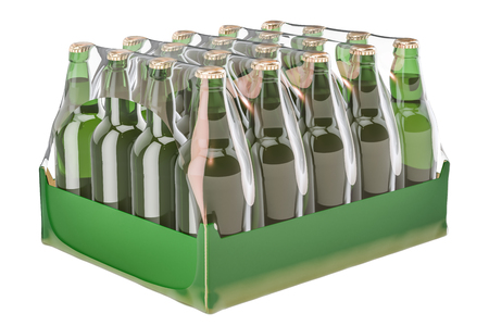 Package of glass drink bottles in shrink film, 3D renderingの写真素材