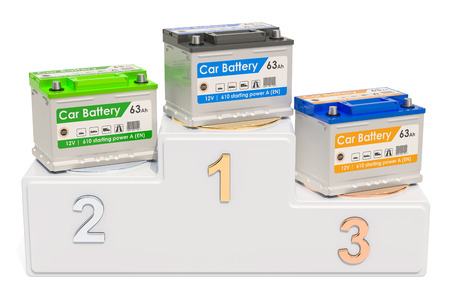 Car battery ratings concept. Winners podium with car batteries, 3D rendering isolated on white backgroundの写真素材