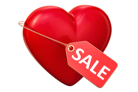 Red heart with price tag, 3D rendering isolated on white backgroundの写真素材
