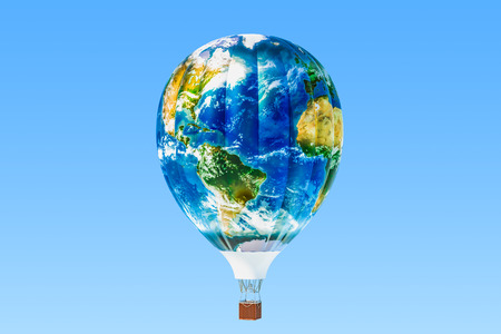 Travel concept. Hot air balloon with texture of Earth map, 3D renderingの写真素材