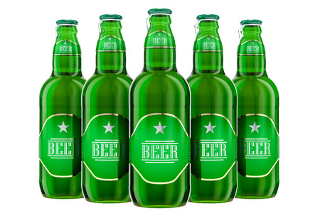 Set of glass beer bottles, 3D rendering isolated on white backgroundの写真素材