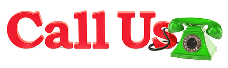 Call us inscription with phone. 3D rendering isolated on white backgroundの写真素材