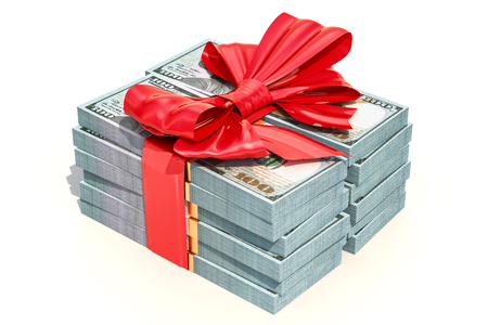 Dollar packs with red bow, gift concept. 3D rendering isolated on white backgroundの写真素材