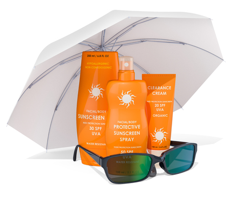 Sunscreen products with sunglasses under sun umbrella. 3D renderingの写真素材