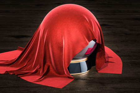 Red cloth covered Crystal Ball on the wooden table, 3D renderingの写真素材