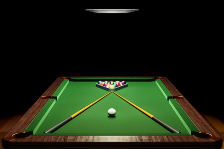 Billiard table with balls and cue in room closeup, 3D rendering