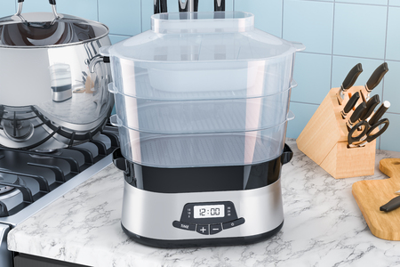 Food steamer on the kitchen table. 3D renderingの写真素材