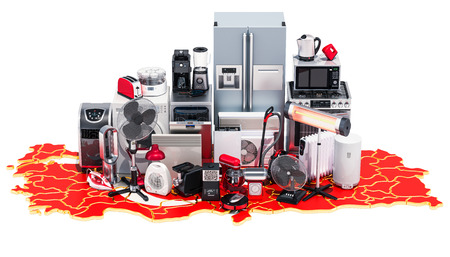 Map of Turkey with home and kitchen appliances, 3D rendering isolated on black backgroundの写真素材