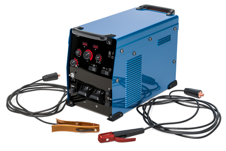 Welding machine with stick electrode holder, work cable and clamp, 3D rendering isolated on white backgroundの写真素材