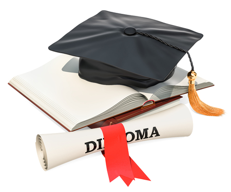 Education concept. Opened blank book with graduation cap and diploma. 3D rendering isolated on white backgroundの写真素材