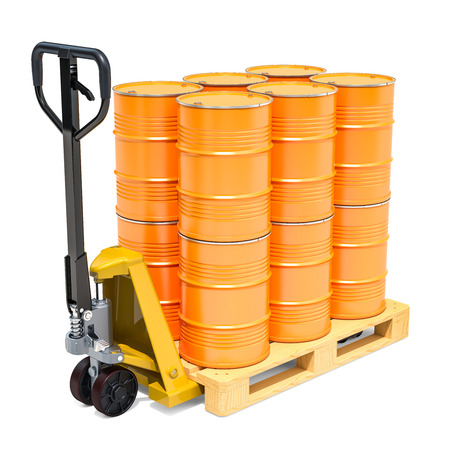 Hydraulic pallet truck with yellow barrels, 3D rendering isolated on white backgroundの写真素材