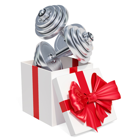 Gift concept, Dumbbells inside gift box. 3D rendering isolated on white backgroundの写真素材