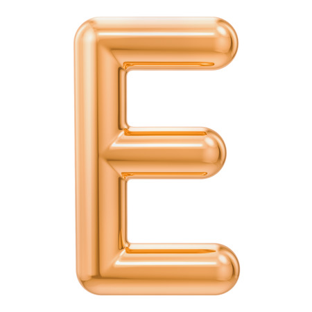 Golden letter E, 3D rendering isolated on white backgroundの写真素材