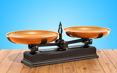 Retro Roberval balance, scales on the wooden table. 3D renderingの写真素材